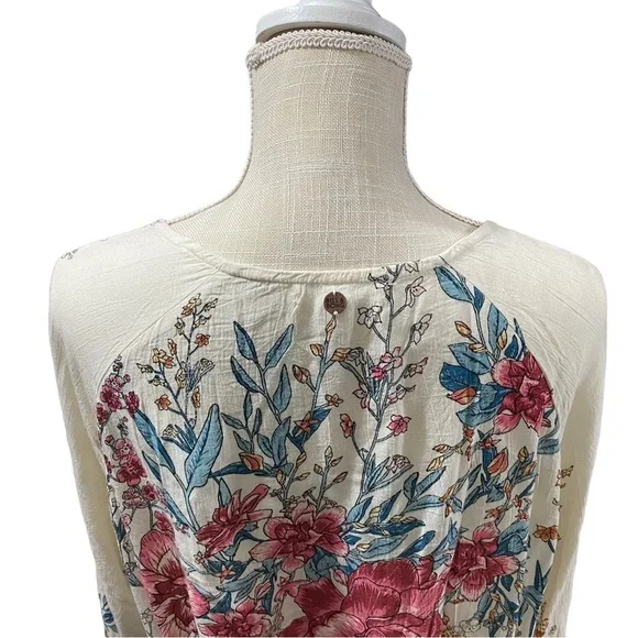 Billabong Play Day Women Cream Floral Long Sleeve Scoop Neck Crinkle Top Sz Sm - Picture 7 of 15